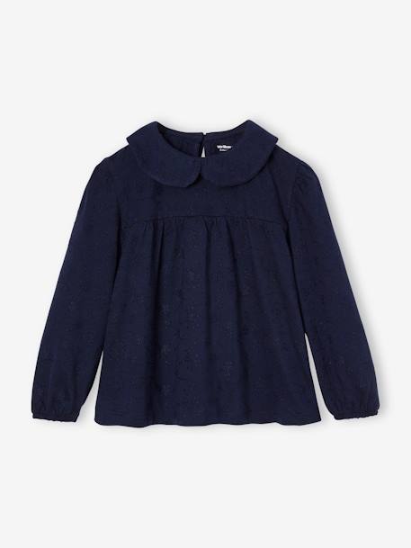 Blusa com bordado inglês, para menina cru+marinho 