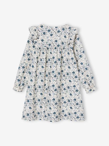 Vestido com folho, estampado às flores, para menina azul-índigo+cru 