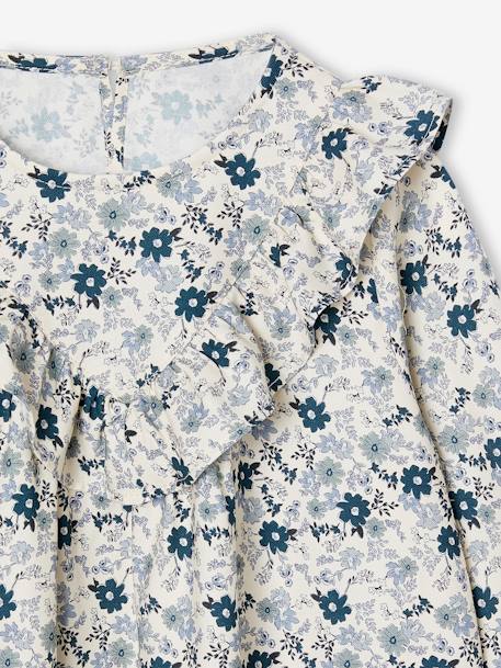 Vestido com folho, estampado às flores, para menina azul-índigo+cru 