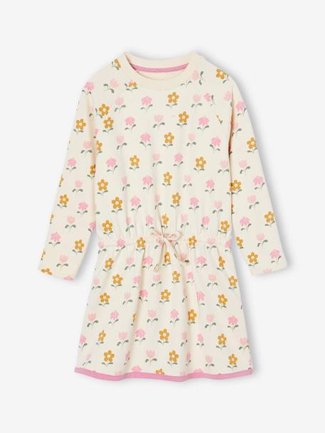 Vestido em moletão às flores, para menina baunilha 