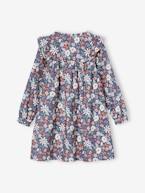 Vestido com folho, estampado às flores, para menina azul-índigo+cru 