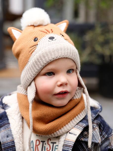 Conjunto animal, com gorro + gola snood + luvas, para bebé noz pecã 