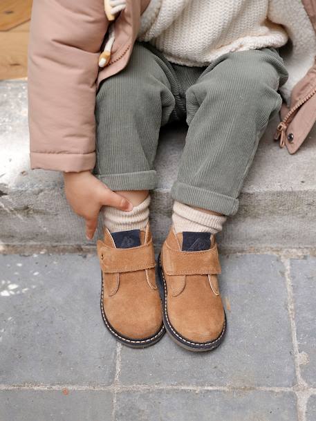 Botas em pele, com barra autoaderente, para bebé camelo 