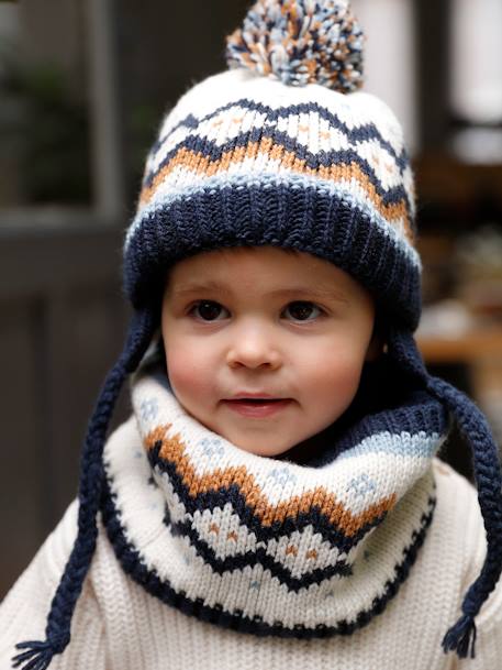 Conjunto de gorro com orelhas + gola snood + luvas em malha jacquard, para bebé menino marinho 