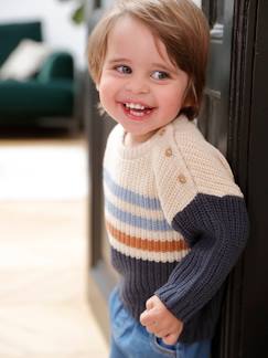 Bebé 0-36 meses-Camisolas, casacos de malha, sweats-Camisolas-Camisola às riscas coloridas, botões no ombro, para bebé menino