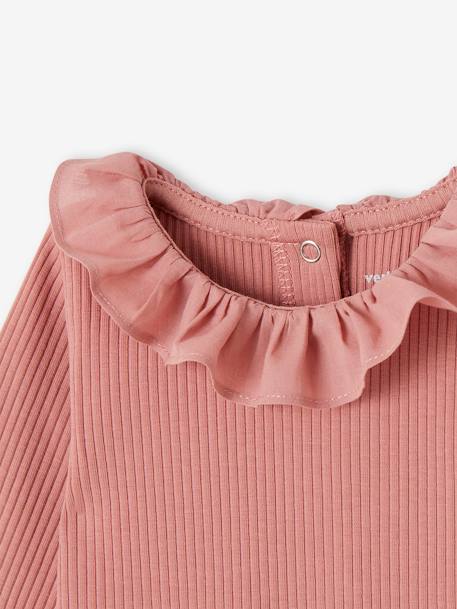 Camisola em canelado, gola larga, para bebé caramelo+rosa-velho 