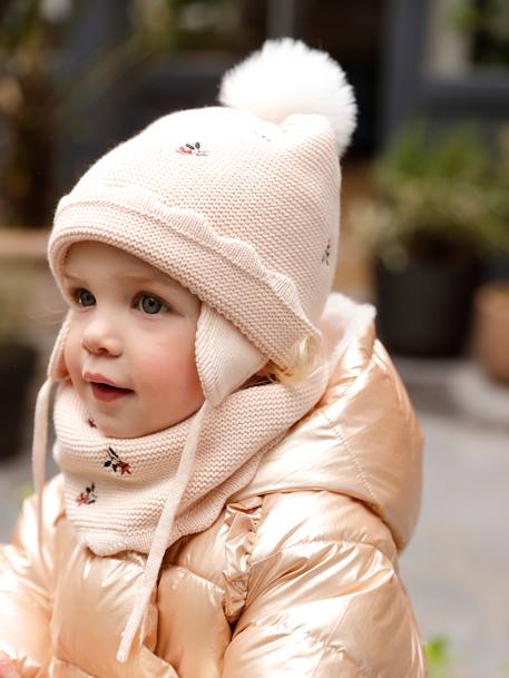 Conjunto gorro + gola snood + luvas para bebé menina bege-rosado 