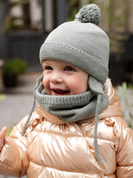 Conjunto gorro + gola snood + luvas de polegar, para bebé menino, BASICS azul-acinzentado+verde-água 