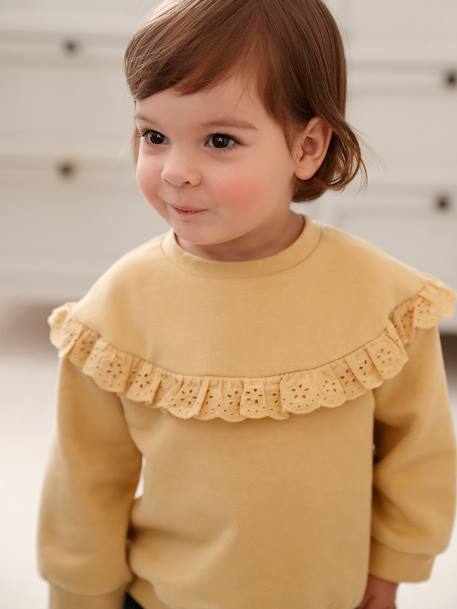 Sweat-shirt com folho em bordado inglês, para bebé menina ocre+rosa-velho 