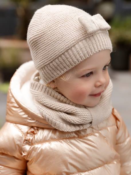 Conjunto com laço: gorro + gola snood+ luvas, para bebé menina cru 