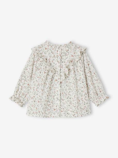 Blusa às flores, favos e folhos, para bebé cru 