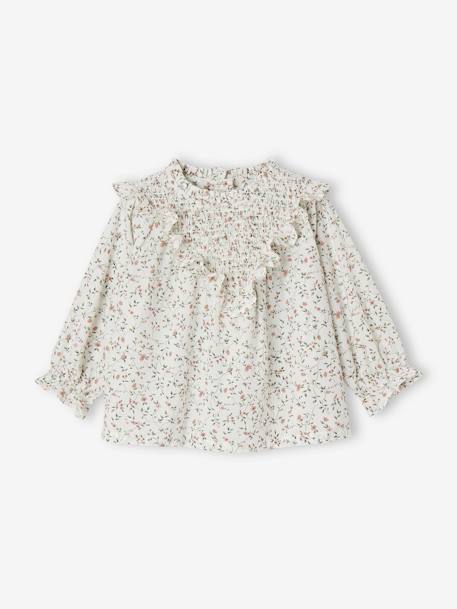 Blusa às flores, favos e folhos, para bebé cru 