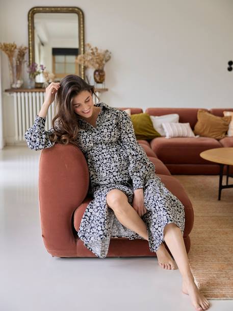 Vestido comprido com botões, às flores, especial gravidez e amamentação preto 