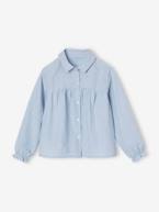 Camisa evasé, em popelina, para menina azul-céu+branco 