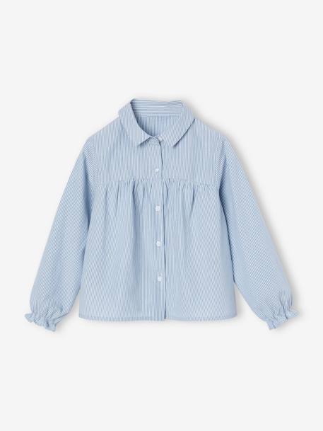 Camisa evasé, em popelina, para menina azul-céu+branco 