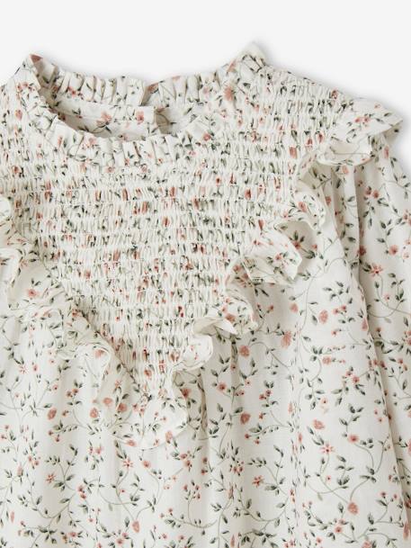 Blusa às flores, favos e folhos, para bebé cru 