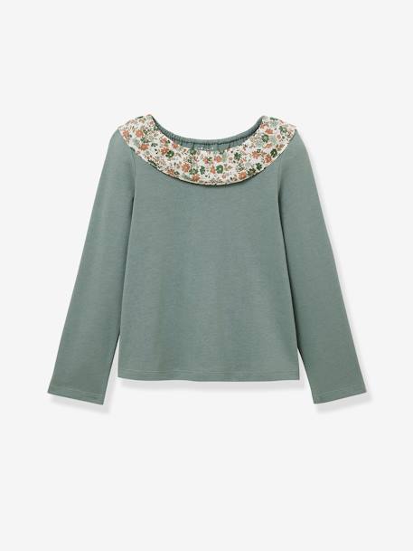 Camisola da CYRILLUS, gola em tecido Liberty®, algodão biológico, para menina cru+verde 