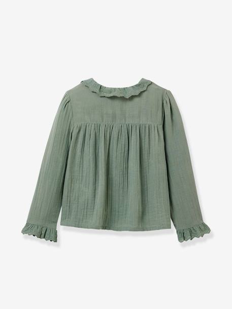 Camisa CYRILLUS, em gaze, acabamento em renda, para menina cru+verde 