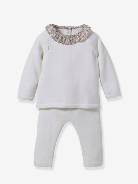 Conjunto em tricot com gola em tecido Liberty, para bebé, da CYRILLUS branco 