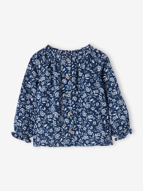 Blusa às flores, em gaze de algodão, para bebé menina azul-ganga 