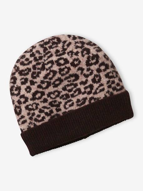 Conjunto leopardo com gorro + gola snood + luvas, para menina castanho estampado 