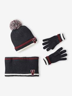 Menino 2-14 anos-Acessórios-Gorros, Cachecóis, Luvas-Conjunto em malha canelada, gorro + gola snood + luvas, para menino