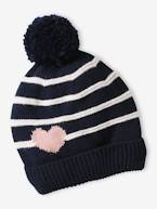 Conjunto gorro + gola snood + luvas de polegar/mitenes às riscas/coração, para menina cru+marinho 