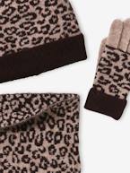 Conjunto leopardo com gorro + gola snood + luvas, para menina castanho estampado 