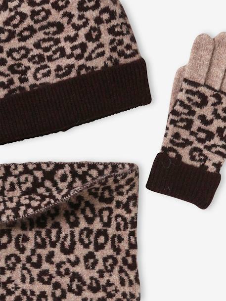 Conjunto leopardo com gorro + gola snood + luvas, para menina castanho estampado 