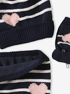 Conjunto gorro + gola snood + luvas de polegar/mitenes às riscas/coração, para menina cru+marinho 