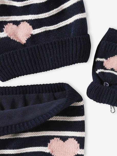 Conjunto gorro + gola snood + luvas de polegar/mitenes às riscas/coração, para menina cru+marinho 