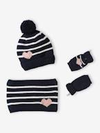 Conjunto gorro + gola snood + luvas de polegar/mitenes às riscas/coração, para menina cru+marinho 