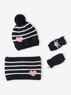 Menina 2-14 anos-Conjuntos-Conjunto gorro + gola snood + luvas de polegar/mitenes às riscas/coração, para menina