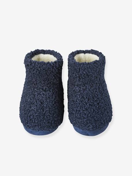 Pantufas de cano subido, forro em pelo, para criança marinho 