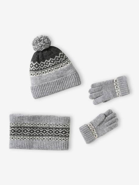 Conjunto gorro + gola snood+ luvas jacquard cinza mesclado 