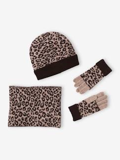 Toda a Seleção-Menina 2-14 anos-Acessórios-Conjunto leopardo com gorro + gola snood + luvas, para menina