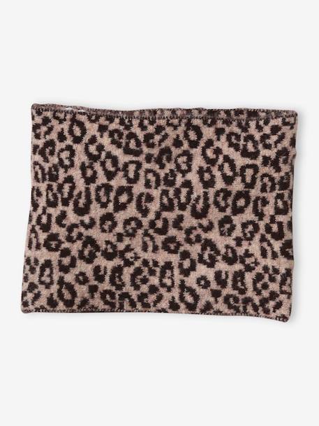 Conjunto leopardo com gorro + gola snood + luvas, para menina castanho estampado 