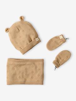 Bebé 0-36 meses-Acessórios-Gorros, cachecóis, luvas-Conjunto para bebé menina: gorro com orelhas + gola snood + luvas sem polegar, em malha ajurada