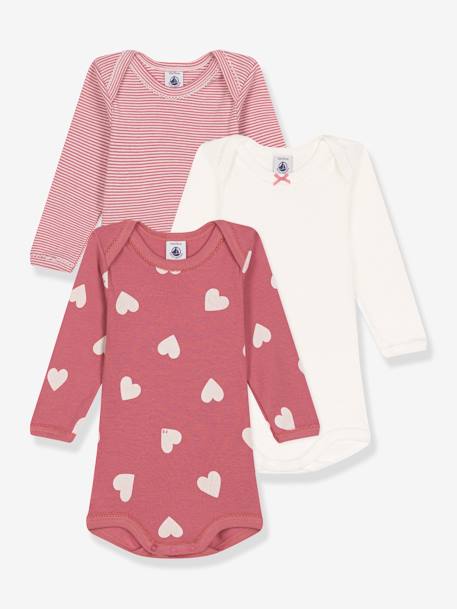 Lote de 3 bodies de mangas compridas, para bebé, em algodão, Petit Bateau pau-rosa 