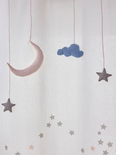 Cortinado translúcido, ilhós e grinalda com nuvens e estrelas Branco liso com decoração 