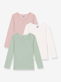 Menina 2-14 anos-T-shirts-T-shirts-Lote de 3 camisolas lisas de mangas compridas, em algodão, para criança, da Petit Bateau