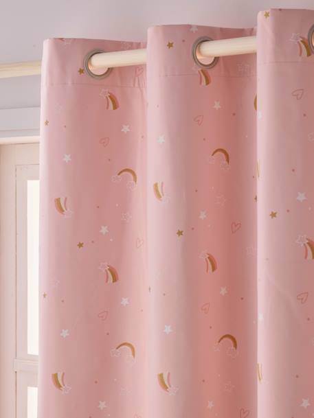 Cortinado opaco, com ilhós, fosforescente e estampado com arco-íris ROSA CLARO LISO COM MOTIVO 