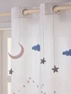 Cortinado translúcido, ilhós e grinalda com nuvens e estrelas Branco liso com decoração 