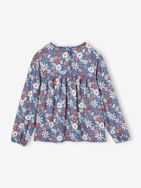 Blusa às flores, para menina azul-índigo+cru+rosado+verde-salva 