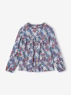 Blusa às flores, para menina azul-índigo+cru+rosado+verde-salva 