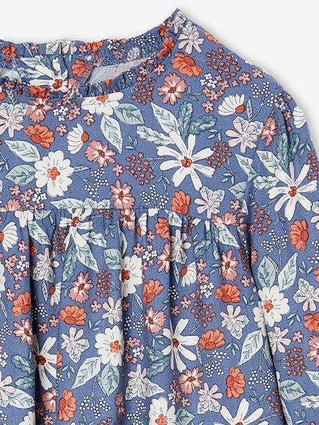 Blusa às flores, para menina azul-índigo+cru+rosado+verde-salva 