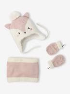 Conjunto Gatinho com gorro + gola snood + luvas para bebé menina rosa-pálido 