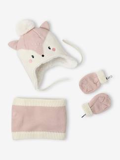 Conjunto Gatinho com gorro + gola snood + luvas para bebé menina