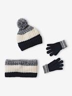 Conjunto colorblock, gorro + gola snood + luvas, para menino azul-noite 