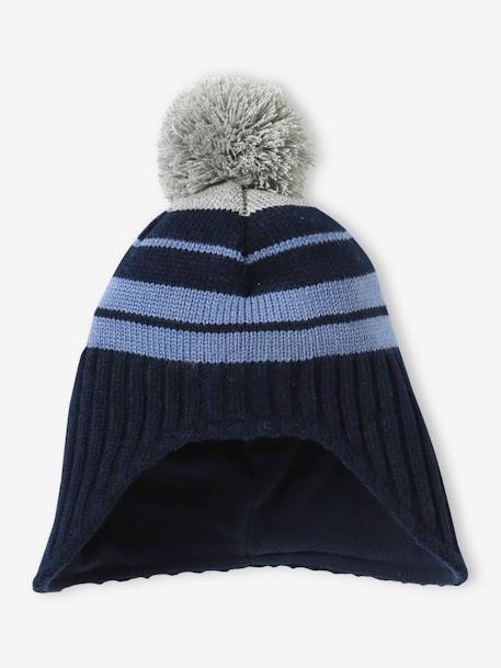 Gorro peruano às riscas, com pompom, para menino marinho 